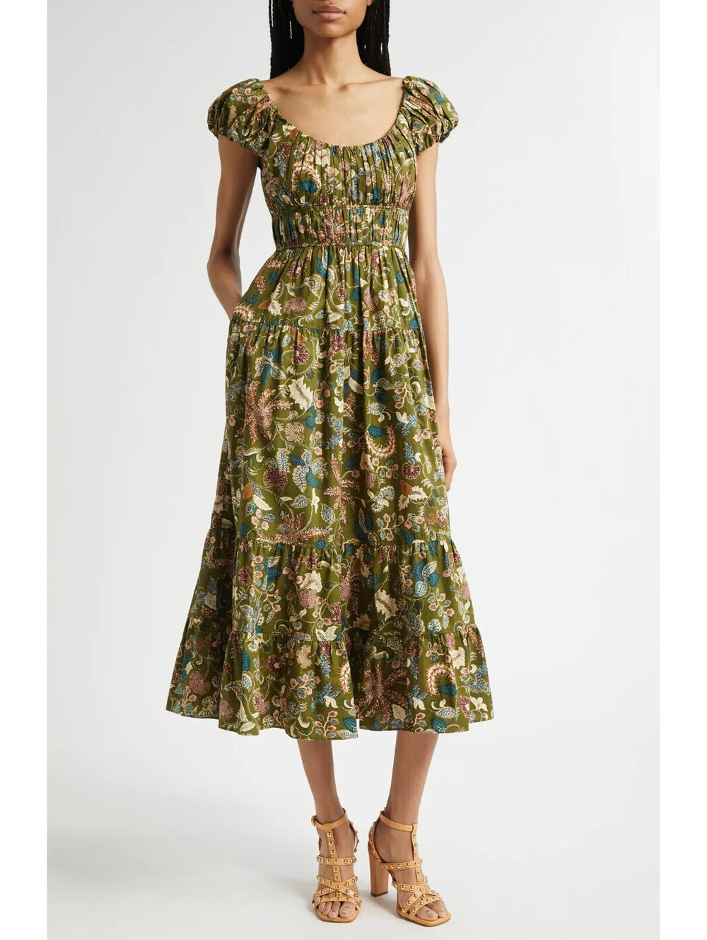 NEW, Ulla Johnson Paloma Cap Sleeve Midi Dress in Green Sz 4 #MD2392